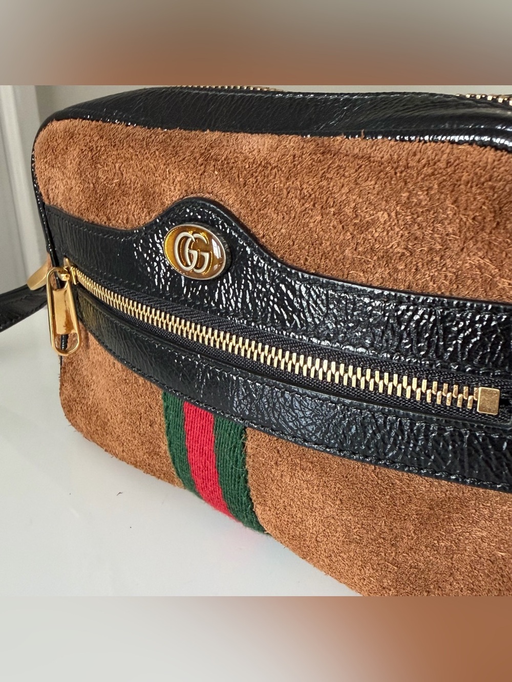Gucci Ophidia Sherry Crossbody Bag – Brown Suede & Patent Leather w/ Web Stripe - Picture 7 of 12